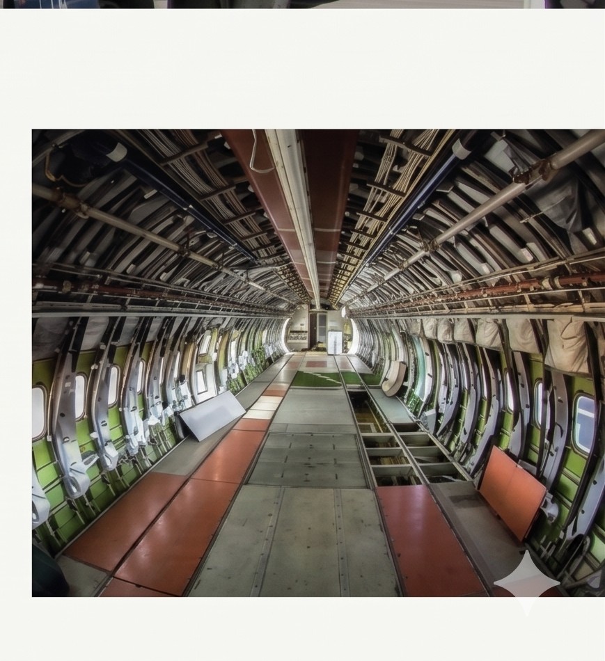 Interior de fuselaje de aeronave durante mantenimiento mayor